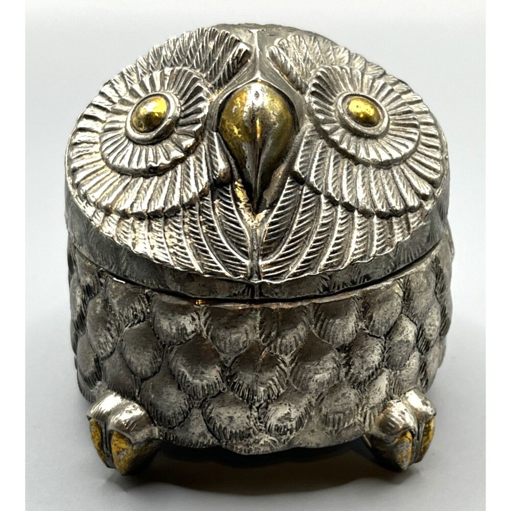 Silver Tone Owl Shaped Music Box Plays "Close to You" Japan Sankyo